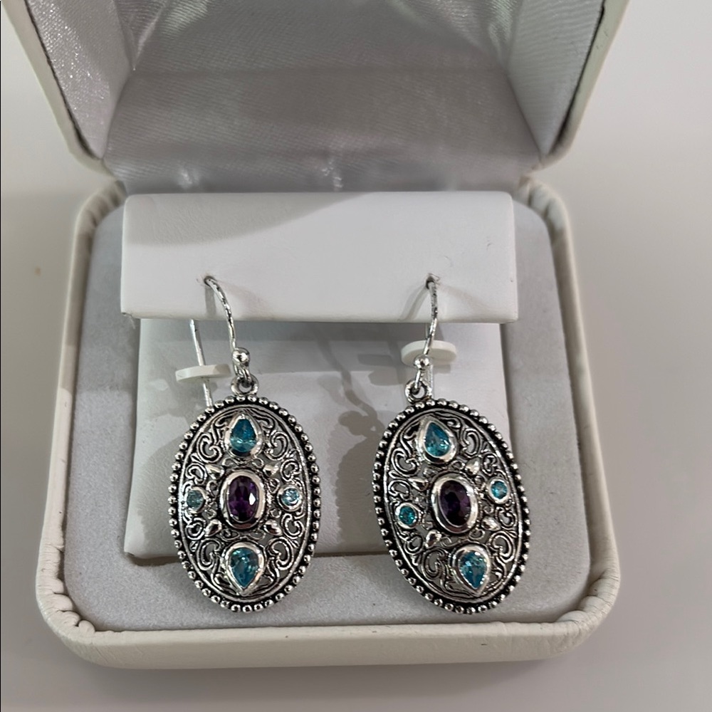 Elegant Amethyst & Blue Topaz Silver Earrings